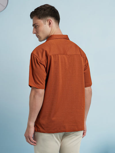 Men Rust Textured Cuban Collar Half Sleeves Relaxed Fit shirt