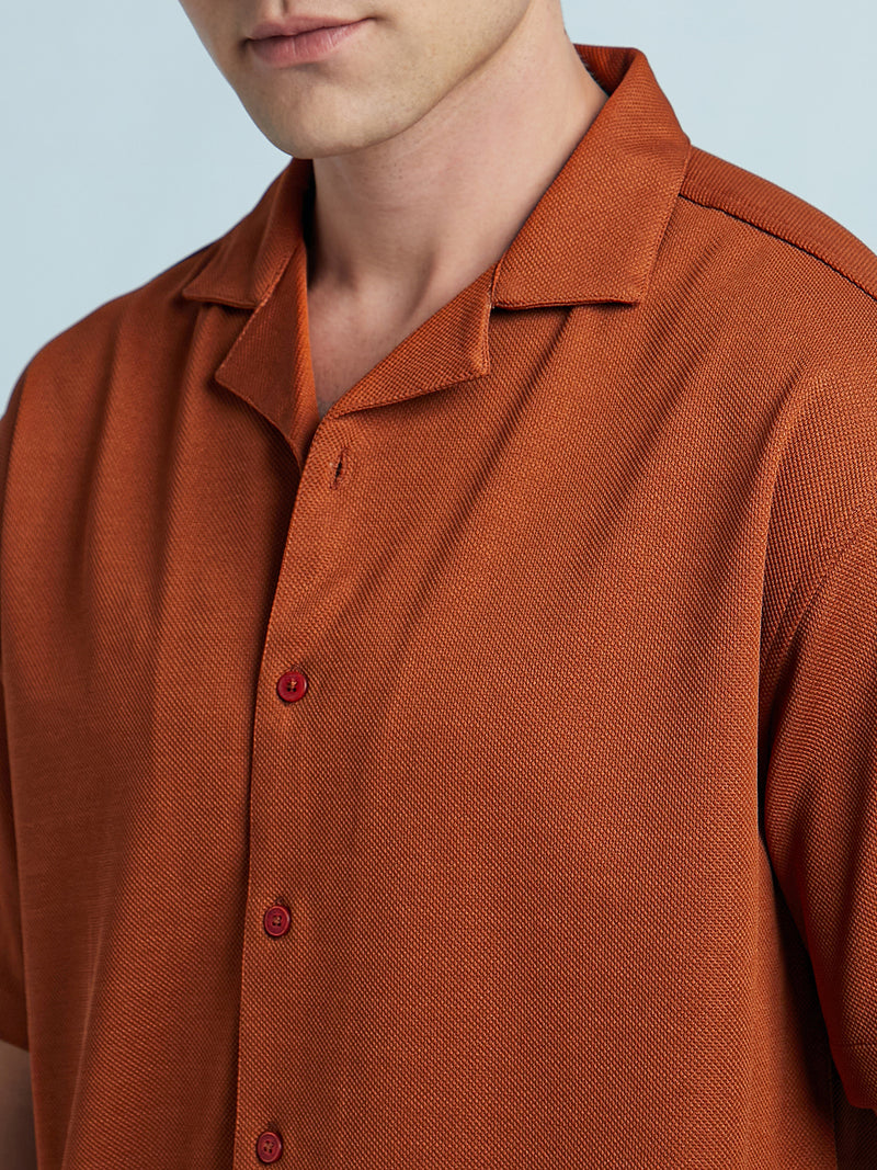 Men Rust Textured Cuban Collar Half Sleeves Relaxed Fit shirt