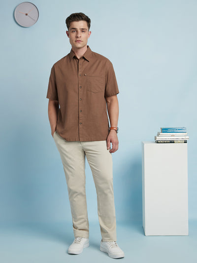 Men Brown Textured Spread Collar Half Sleeves Relaxed Fit shirt