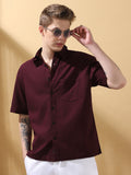 Men's Wine Solid Textured Spread Collar Half Sleeves Casual Shirt