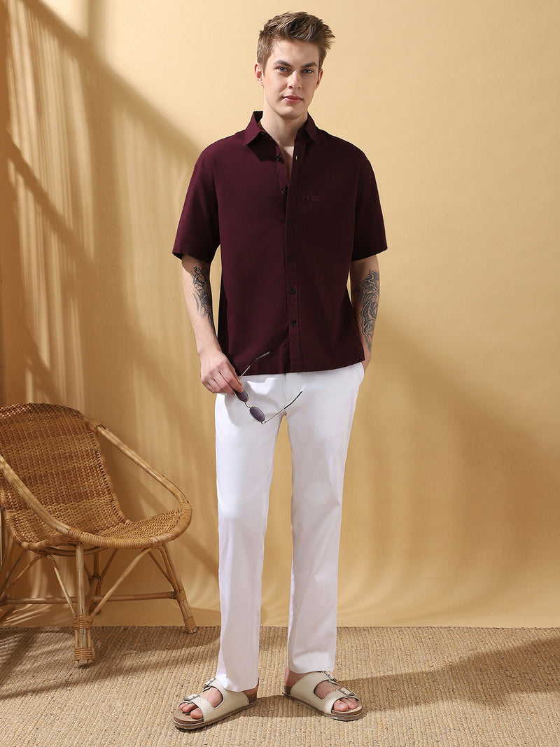 Men's Wine Solid Textured Spread Collar Half Sleeves Casual Shirt