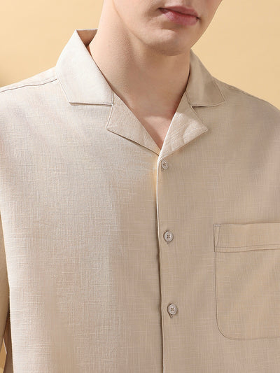 Men's Beige Solid Textured Cuban Collar Half Sleeves Casual Shirt