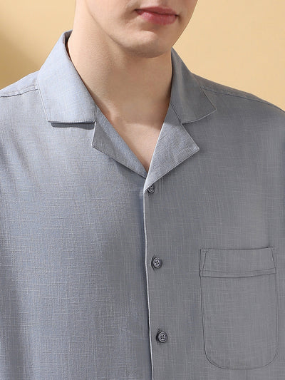 Men's Solid Textured Cuban Collar Half Sleeves Casual Shirt