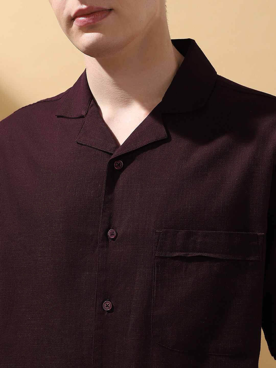 Men's Solid Textured Cuban Collar Half Sleeves Casual Shirt