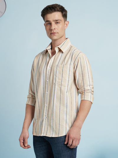 Men Beige Striped Spread Collar Full Sleeves Regular Fit shirt