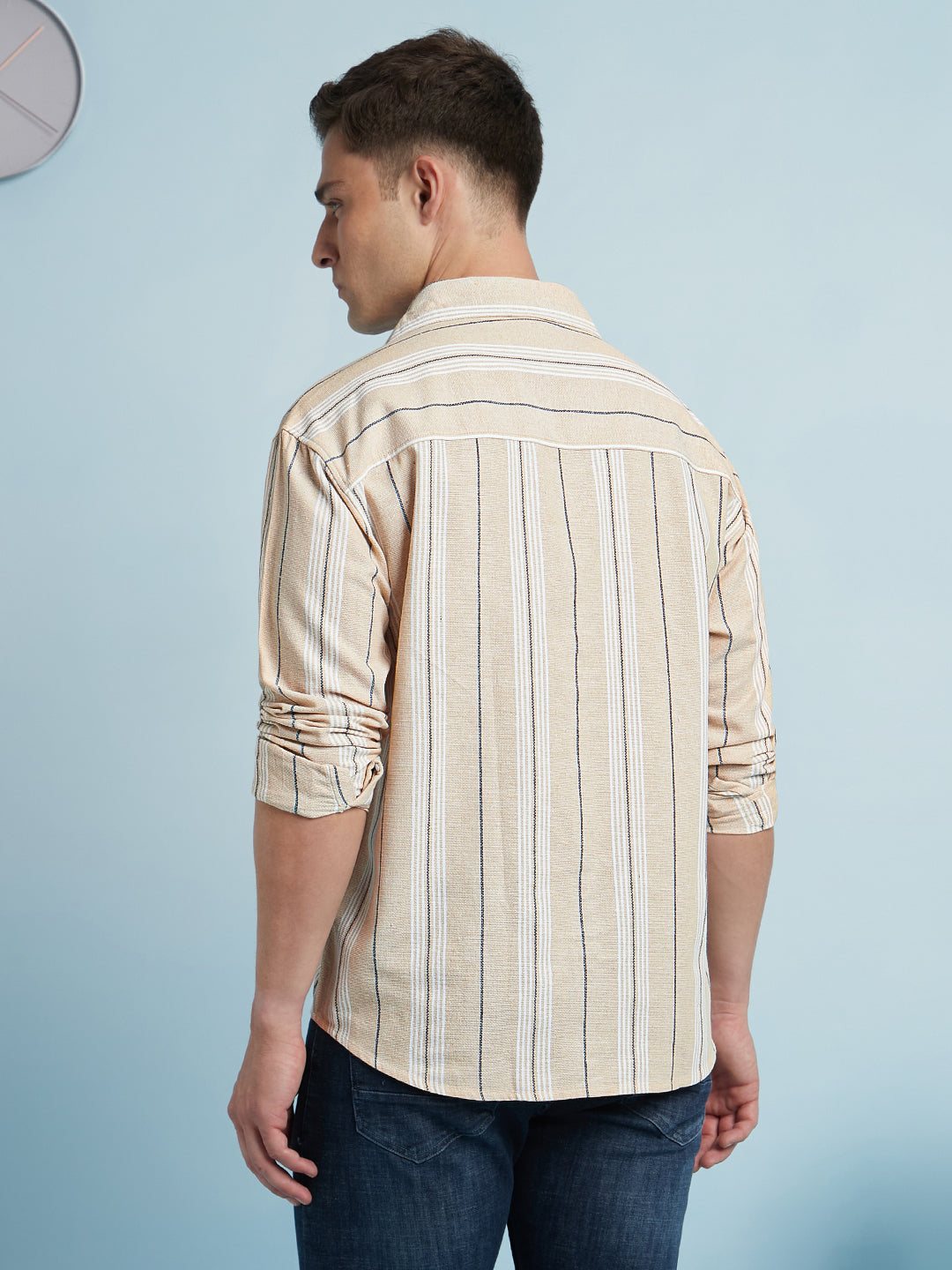 Men Beige Striped Spread Collar Full Sleeves Regular Fit shirt