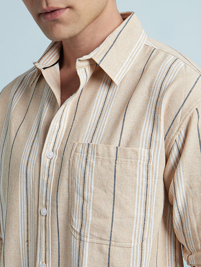 Men Beige Striped Spread Collar Full Sleeves Regular Fit shirt