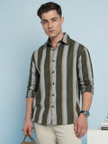 Men Olive Vertical Stripes Spread Collar Full Sleeves Relaxed Fit shirt