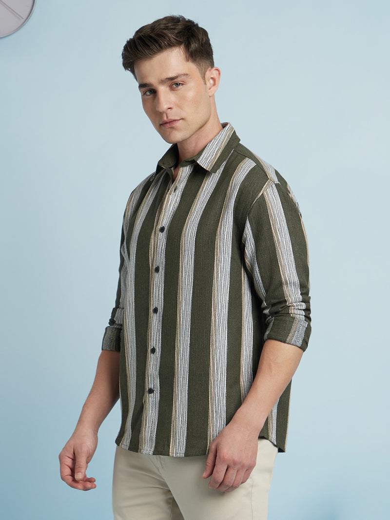 Men Olive Vertical Stripes Spread Collar Full Sleeves Relaxed Fit shirt