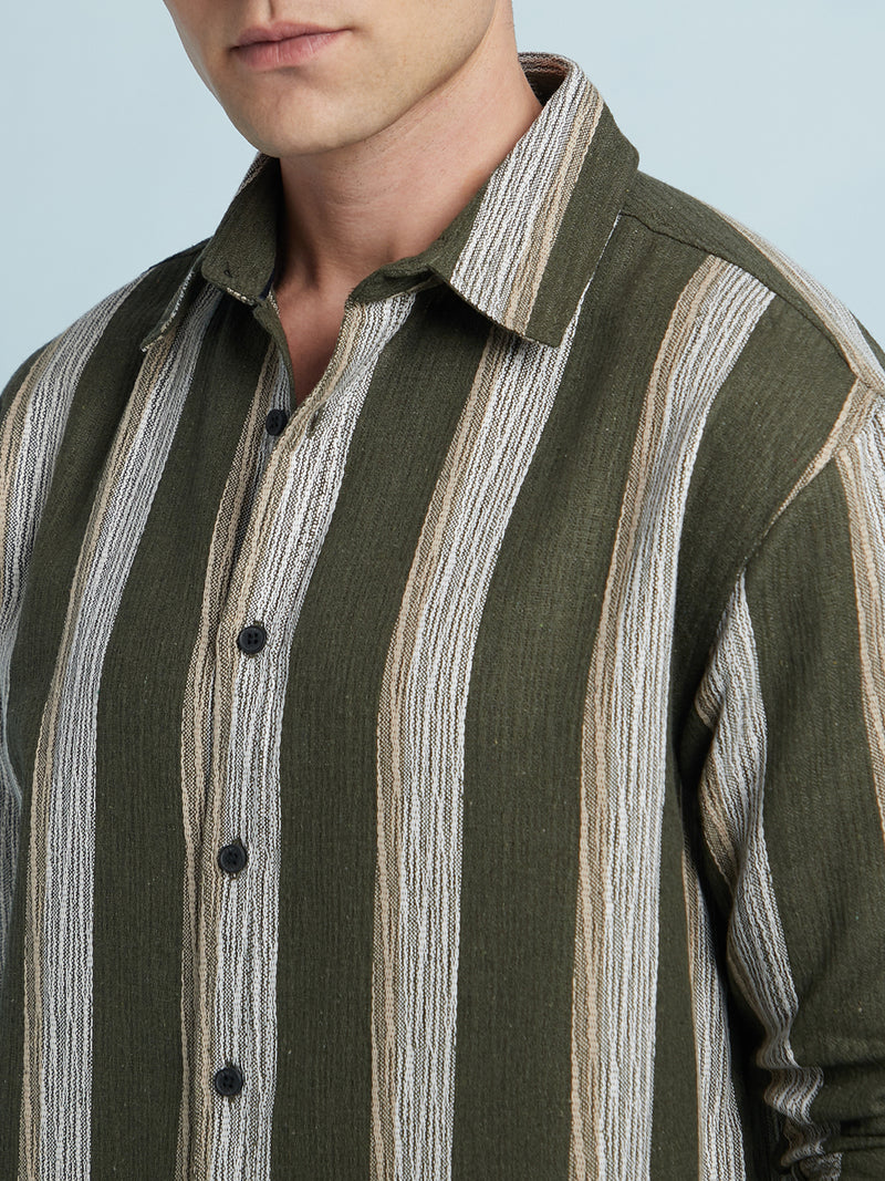 Men Olive Vertical Stripes Spread Collar Full Sleeves Relaxed Fit shirt