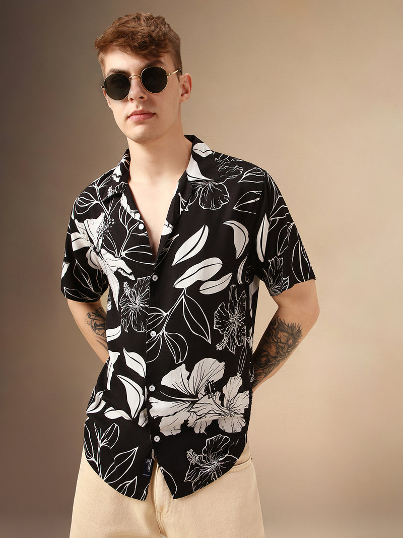 Men's Black Printed Cuban Collar Half Sleeves Rayon Casual Shirt