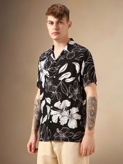 Men's Black Printed Cuban Collar Half Sleeves Rayon Casual Shirt