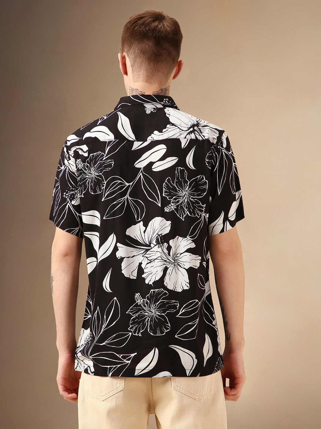 Men's Black Printed Cuban Collar Half Sleeves Rayon Casual Shirt