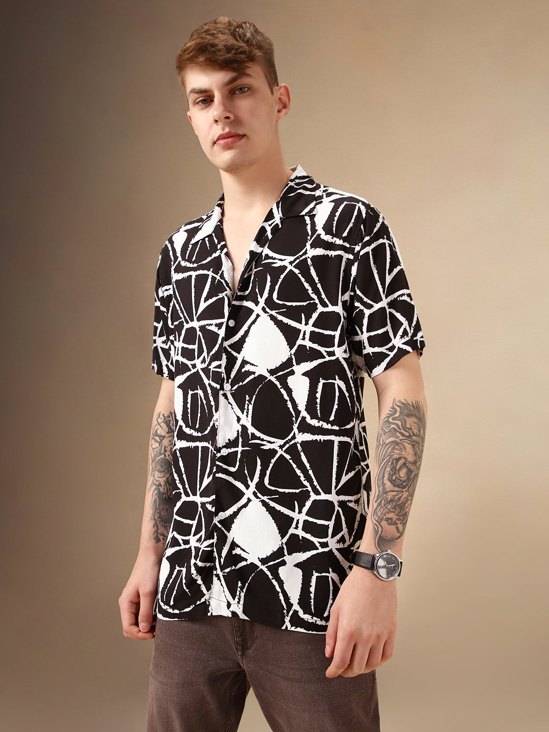 Men's Black Printed Cuban Collar Half Sleeves Rayon Casual Shirt