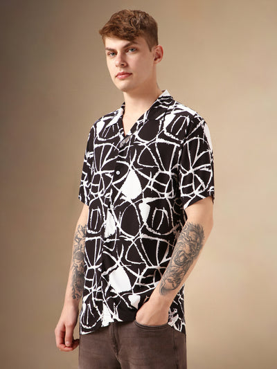 Men's Black Printed Cuban Collar Half Sleeves Rayon Casual Shirt