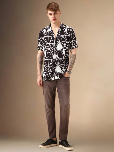 Men's Black Printed Cuban Collar Half Sleeves Rayon Casual Shirt