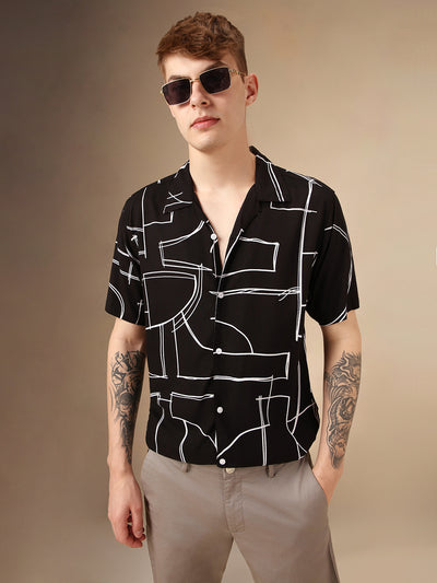 Men's Black Printed Cuban Collar Half Sleeves Rayon Casual Shirt