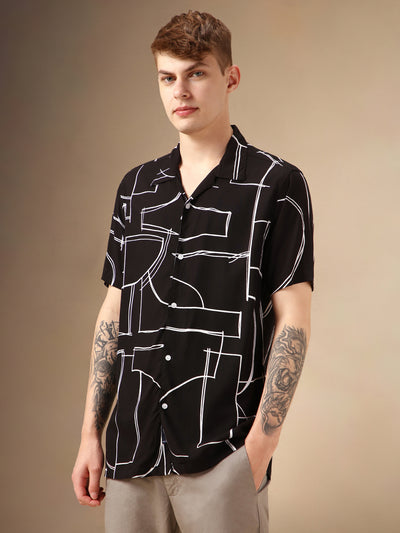 Men's Black Printed Cuban Collar Half Sleeves Rayon Casual Shirt