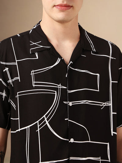 Men's Black Printed Cuban Collar Half Sleeves Rayon Casual Shirt