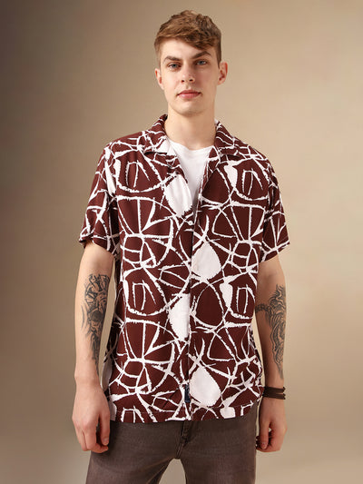 Men's Brown Printed Cuban Collar Half Sleeves Rayon Casual Shirt