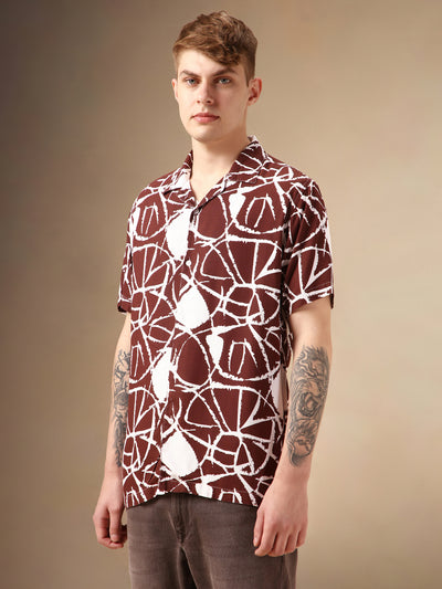 Men's Brown Printed Cuban Collar Half Sleeves Rayon Casual Shirt