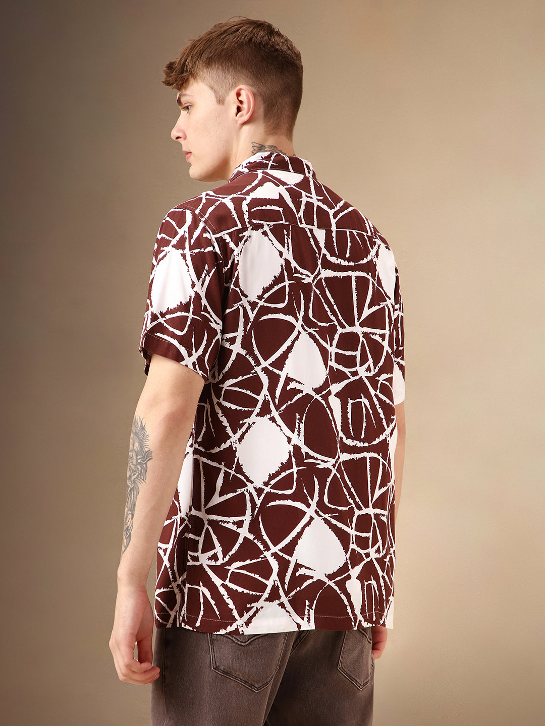 Men's Brown Printed Cuban Collar Half Sleeves Rayon Casual Shirt