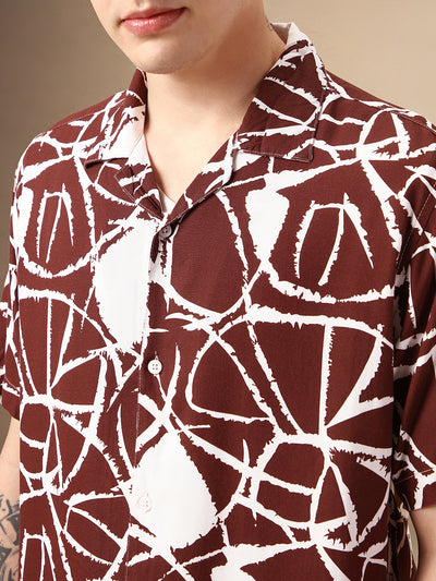 Men's Brown Printed Cuban Collar Half Sleeves Rayon Casual Shirt