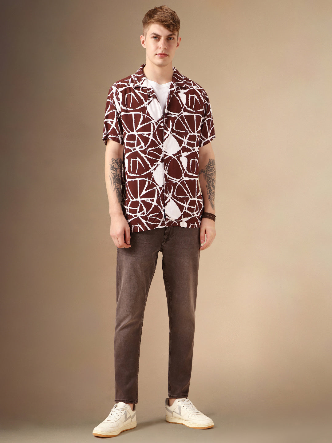 Men's Brown Printed Cuban Collar Half Sleeves Rayon Casual Shirt