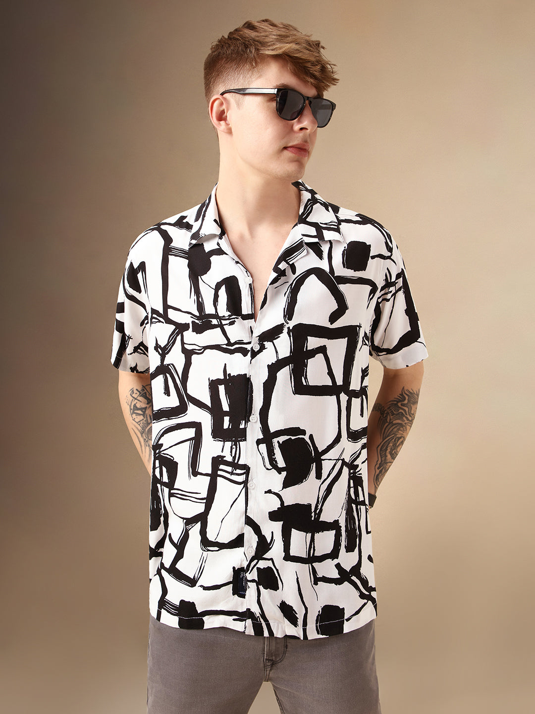 Men's White Printed Cuban Collar Half Sleeves Rayon Casual Shirt