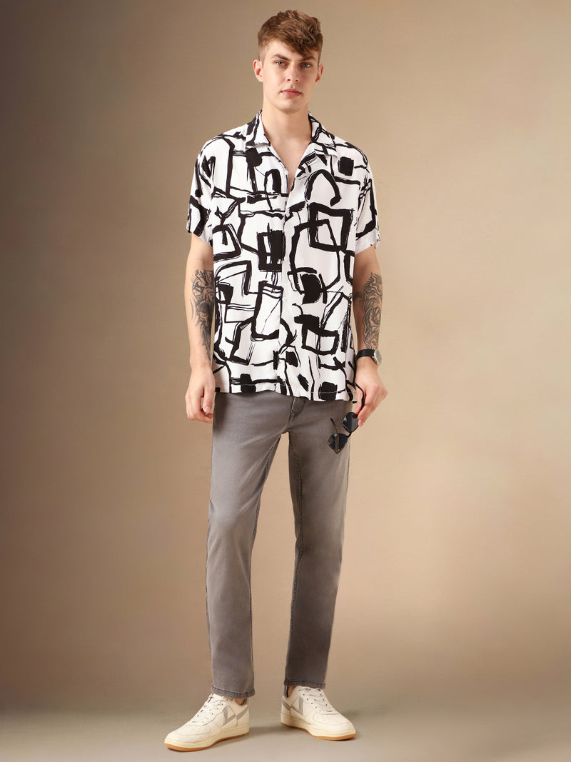 Men's White Printed Cuban Collar Half Sleeves Rayon Casual Shirt