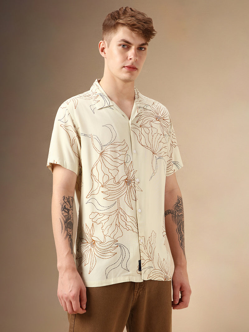 Men's Beige Printed Cuban Collar Half Sleeves Rayon Casual Shirt