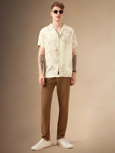 Men's Beige Printed Cuban Collar Half Sleeves Rayon Casual Shirt