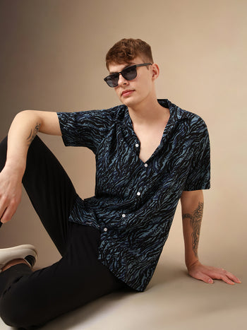 Men's Navy Printed Cuban Collar Half Sleeves Rayon Casual Shirt