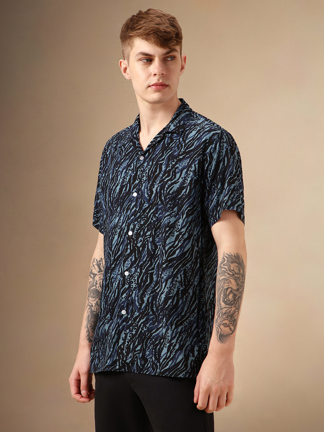 Men's Navy Printed Cuban Collar Half Sleeves Rayon Casual Shirt