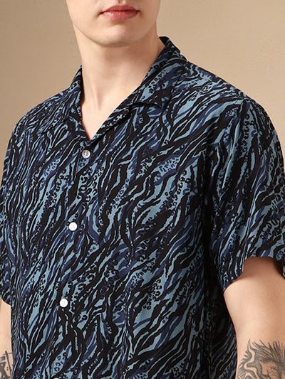 Men's Navy Printed Cuban Collar Half Sleeves Rayon Casual Shirt