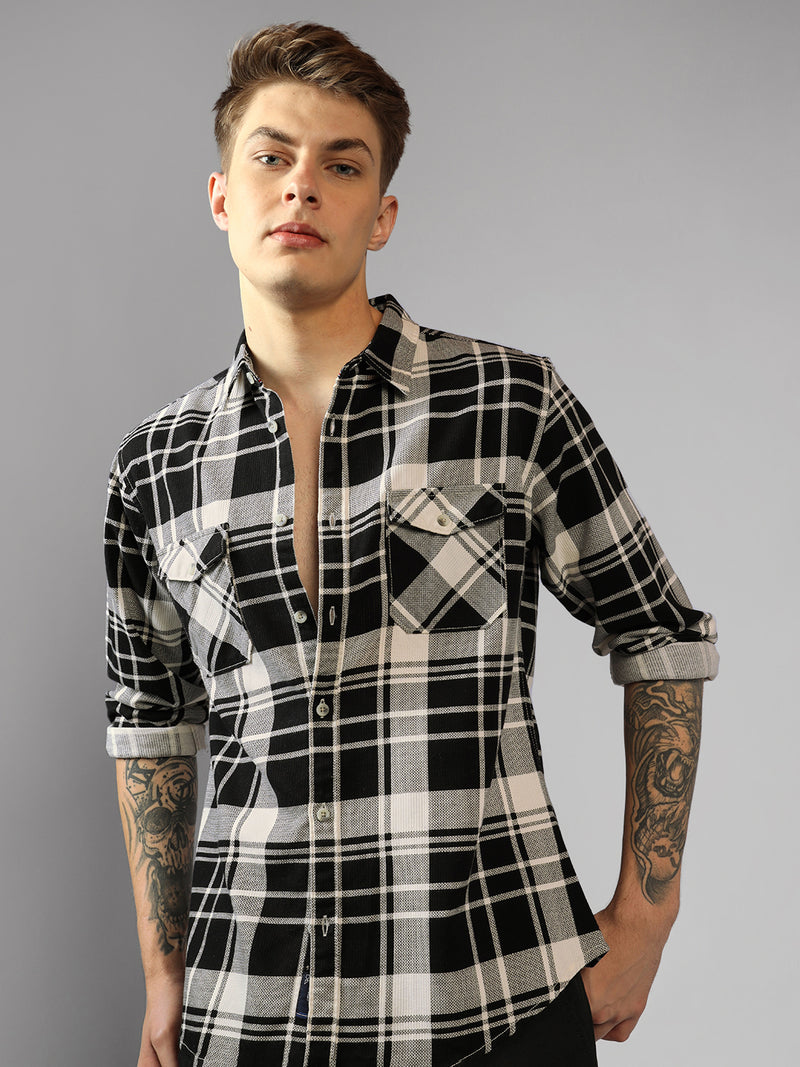 Men's Black Tartan Checks Spread Collar Long Sleeves Relaxed Fit Casual Shirt