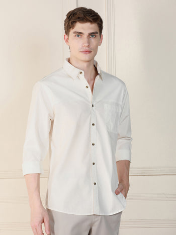 Men's White Solid Spread Collar Long Sleeves Relaxed Fit Casual Shirt