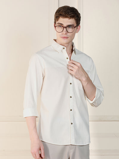 Men's White Solid Spread Collar Long Sleeves Relaxed Fit Casual Shirt