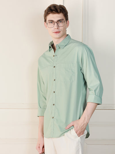 Men's Sage Green Solid Spread Collar Long Sleeves Relaxed Fit Casual Shirt