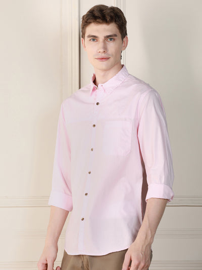 Men's Pink Solid Spread Collar Long Sleeves Relaxed Fit Casual Shirt