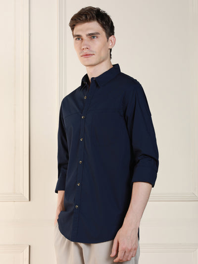 Men's Navy Blue Solid Spread Collar Long Sleeves Relaxed Fit Casual Shirt