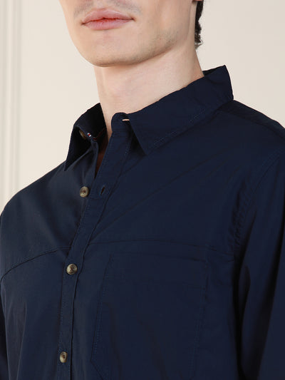 Men's Navy Blue Solid Spread Collar Long Sleeves Relaxed Fit Casual Shirt