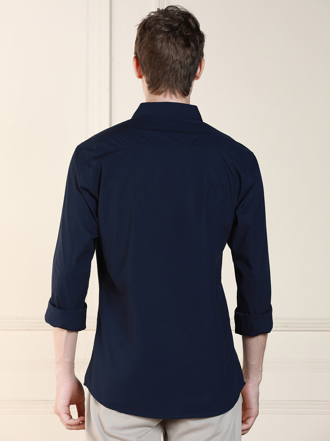 Men's Navy Blue Solid Spread Collar Long Sleeves Relaxed Fit Casual Shirt