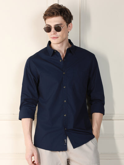 Men's Navy Blue Solid Spread Collar Long Sleeves Relaxed Fit Casual Shirt