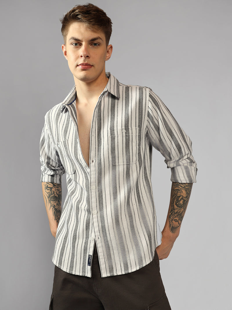 Men's Black Striped Spread Collar Long Sleeves Relaxed Fit Casual Shirt