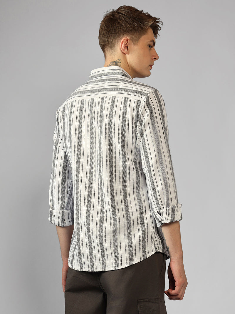 Men's Black Striped Spread Collar Long Sleeves Relaxed Fit Casual Shirt