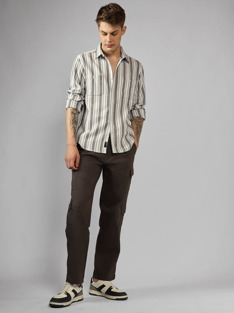 Men's Black Striped Spread Collar Long Sleeves Relaxed Fit Casual Shirt