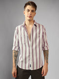 Men's Maroon Striped Spread Collar Long Sleeves Relaxed Fit Casual Shirt