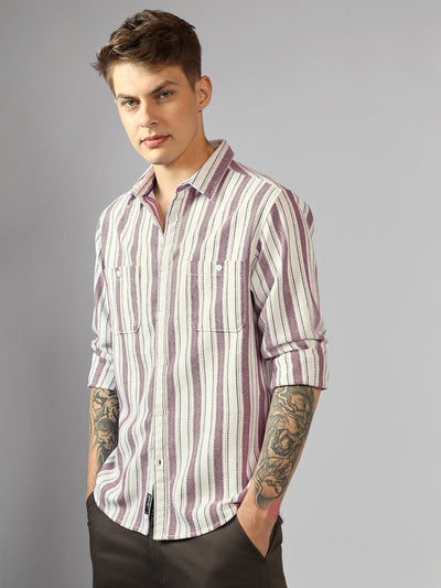 Men's Maroon Striped Spread Collar Long Sleeves Relaxed Fit Casual Shirt