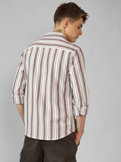 Men's Maroon Striped Spread Collar Long Sleeves Relaxed Fit Casual Shirt